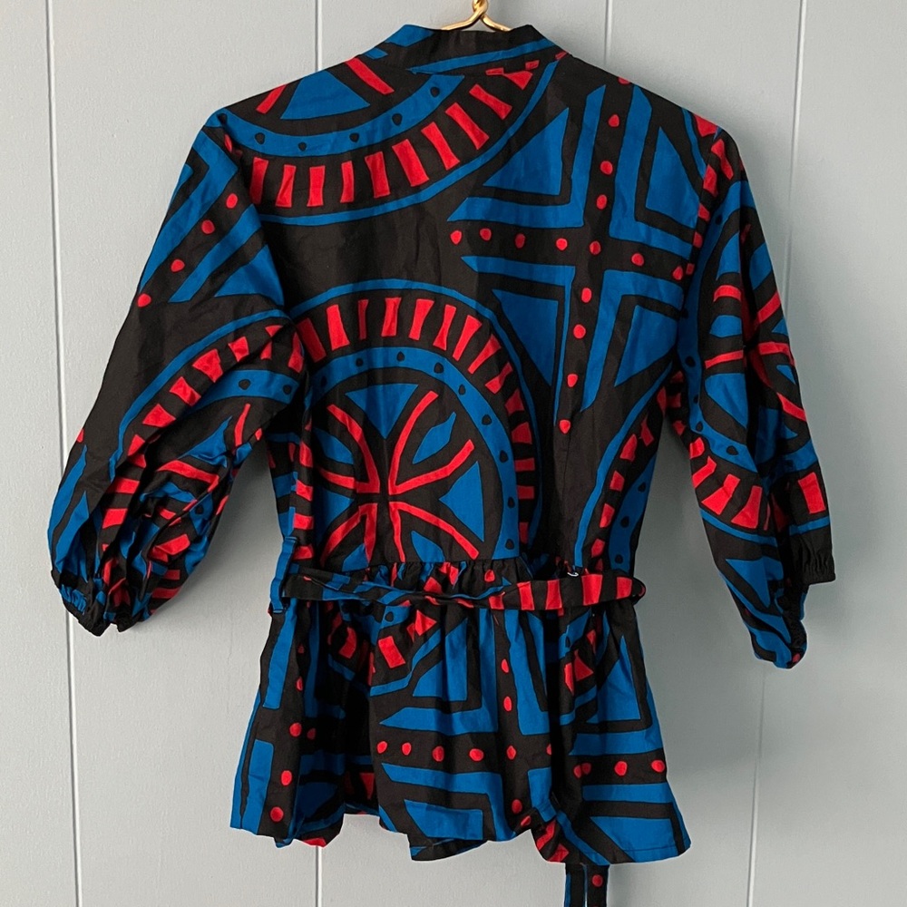 Vibrant African Red and Blue Patterned Top Peplum With Self Tie Belt - Picture 3 of 3